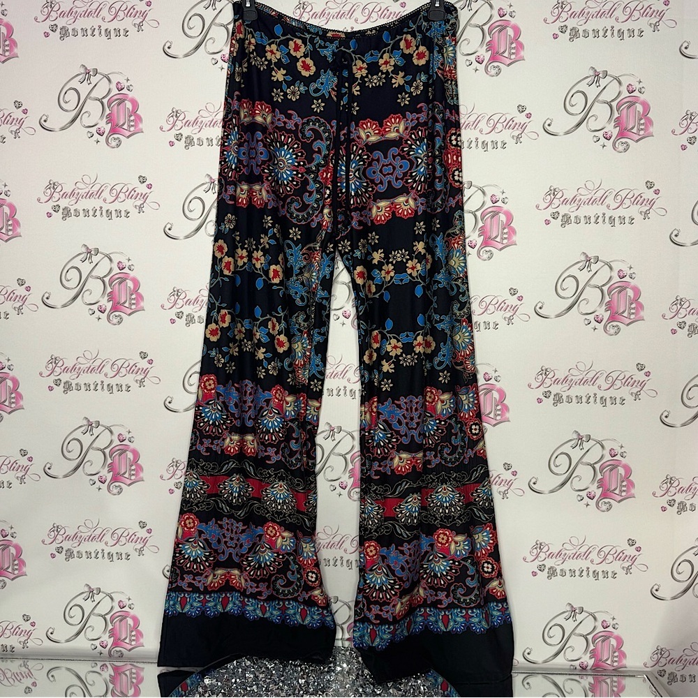 Pants floral hippie flare bootcut red blue cream black soft stretchy comfy luxe